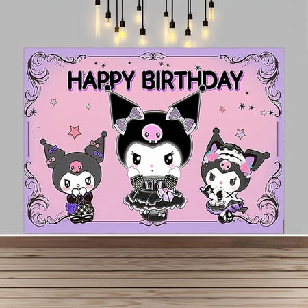 Kuromi Happy Birthday Anime Cartoon Theme Backdrops Banner Birthday Party Decor Supplies(5x3ft)