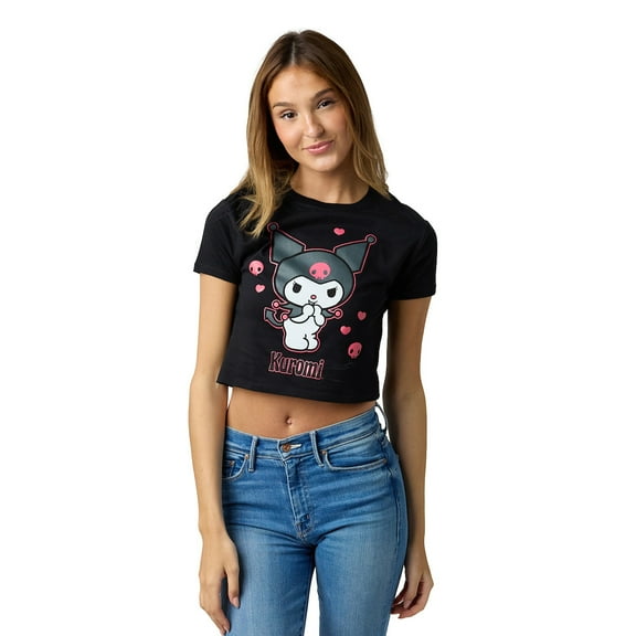 Kuromi Hearts & Skulls Women's Black Cropped Baby Tee-Small