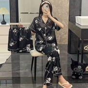 Kuromi Ice Silk Pajamas Set Summer Pijama Pants Shorts Short Sleeve Sleepwear Cartoon Negligee Home Suit for Women