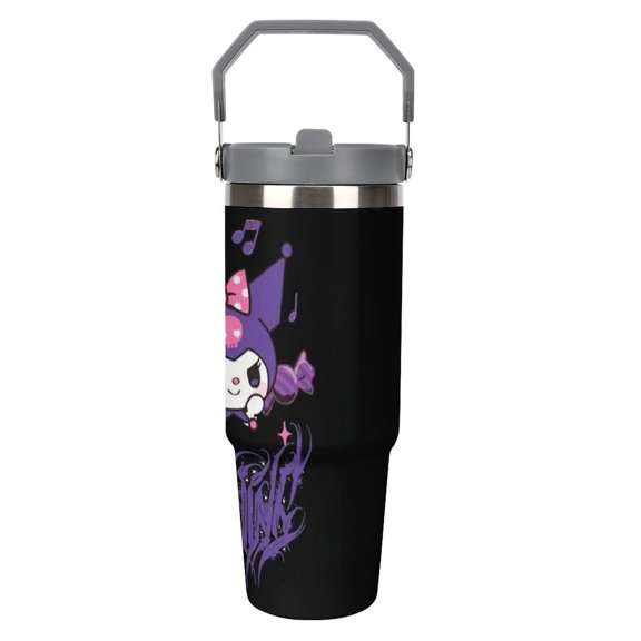 Kuromi Kawaii 998 Stainless Steel Tumbler Car Cup 30 Oz with Handles, Vacuum Insulated Water Bottle for Home, Office Reusable Cup with Straw Leak Resistant Flip