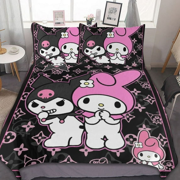 Kuromi And My Melody Duvet Cover Set 3-Piece Bedding Set Soft Warm And Comfortable Soft Bed Set with 1 Duvet Cover And 2 Pillowcases for Bedroom All Season 86"x70"