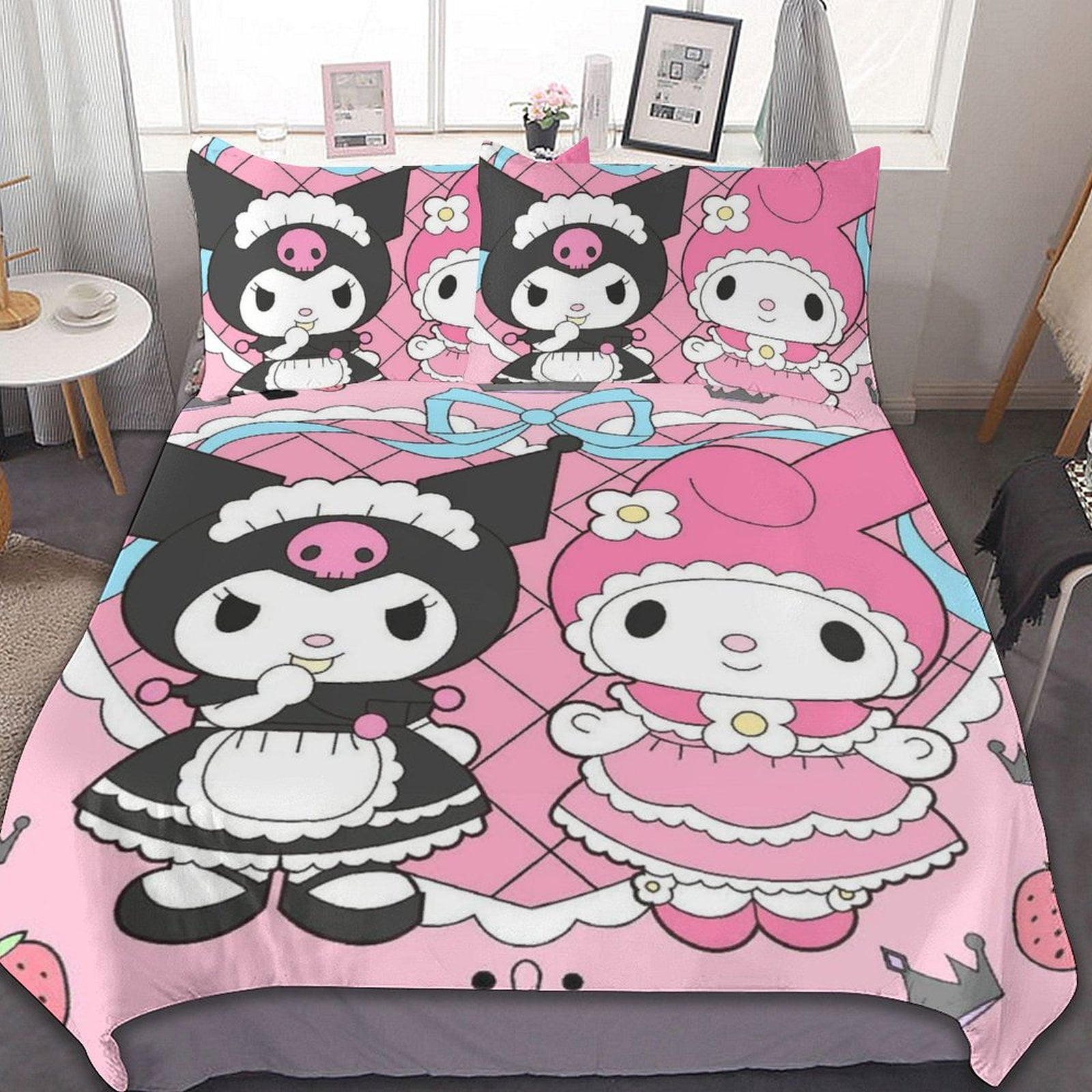 Kuromi & My Melody 3 Pcs Bed Sheets Set Breathable Duvet Cover with 2 ...