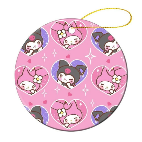 Kuromi & My Melody Ceramic Christmas Tree Ornaments Round Souvenir X-Mas Hanging Ornaments House Party Home Decor 1 Pcs