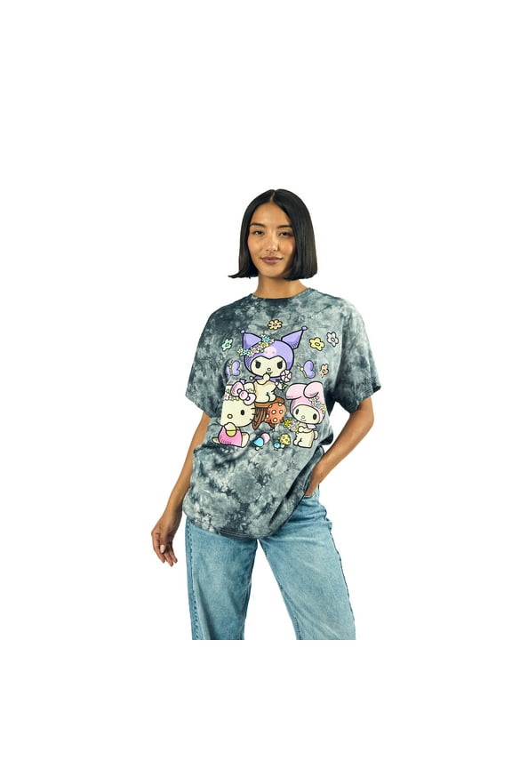 Kuromi, My Melody and Hello Kitty Puff Print Mushroom Scene Women's Black Cloud Wash Crew Neck Short Sleeve T-shirt-Large