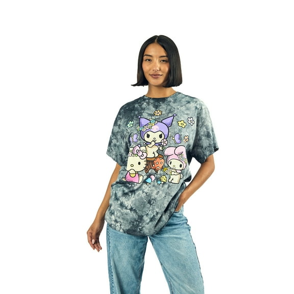 Kuromi, My Melody and Hello Kitty Puff Print Mushroom Scene Women's Black Cloud Wash Crew Neck Short Sleeve T-shirt-Large
