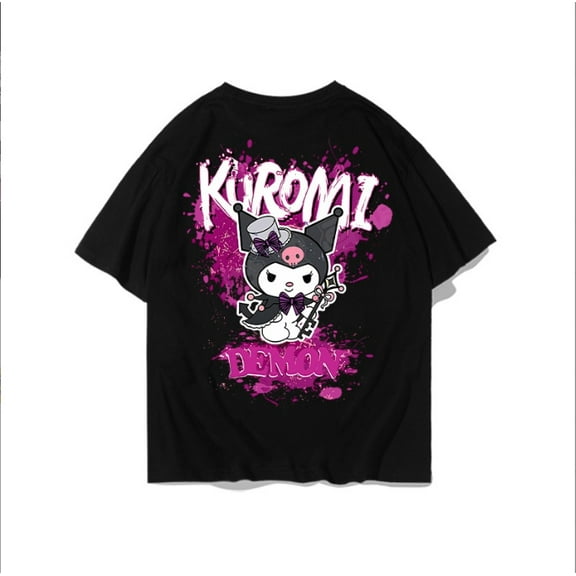 Kuromi New Children's T-shirt Cute Sanrio Cartoon Cotton Black White T-shirt Short Sleeve Boy Girl Loose Clothing Christmas Gift