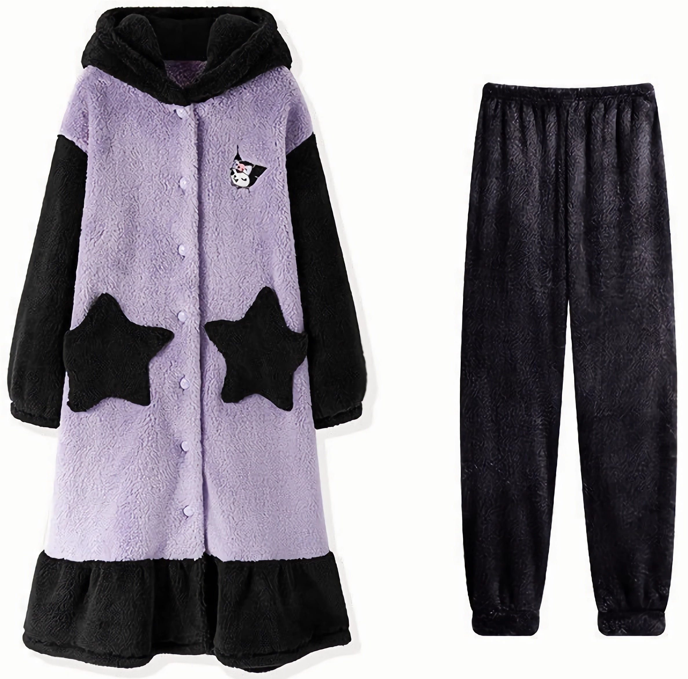 Kuromi Pajamas Set, Women's Nightgown with Pants, Warm Cozy Ears Hooded ...
