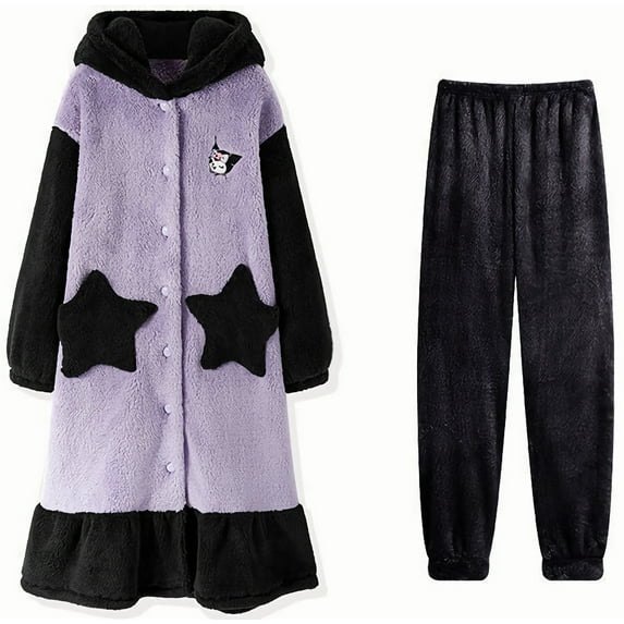 Kuromi Pajamas Set, Women's Nightgown with Pants, Warm Cozy Ears Hooded Sleepwear Loungewear PJ Set L