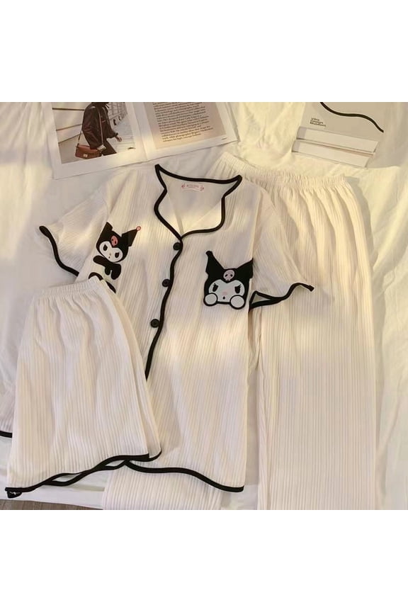 Kuromi Pajamas Three Piece Set Summer Sleepwear Pant Shorts Short Sleeve Pijama Ladies Pyjamas Home Clothes