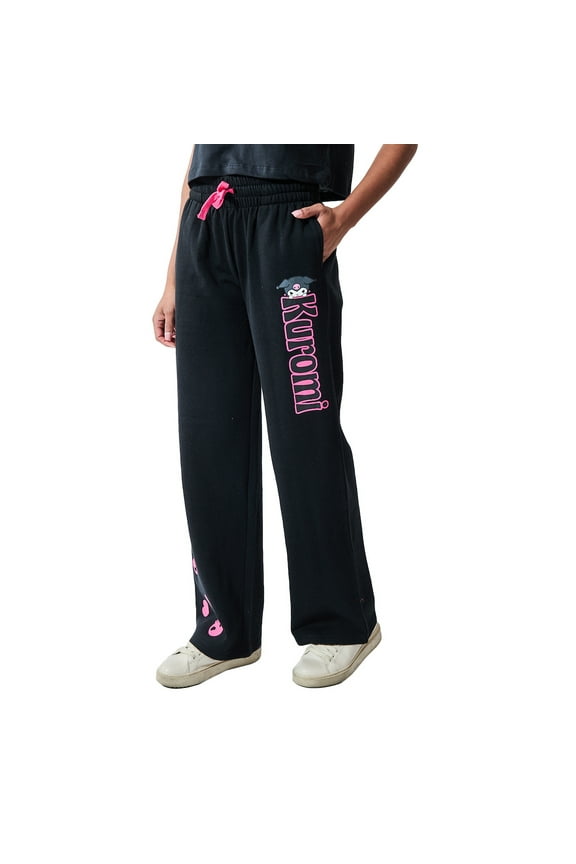 Kuromi Pink Skulls Women's Black Straight Leg Tie-Front Sweatpant Jogger -Small