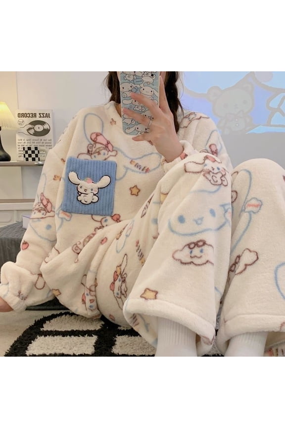 Kuromi Plush Pajamas Suit Women Winter Soft Loungewear Cute Long Sleeves Pants Homewear