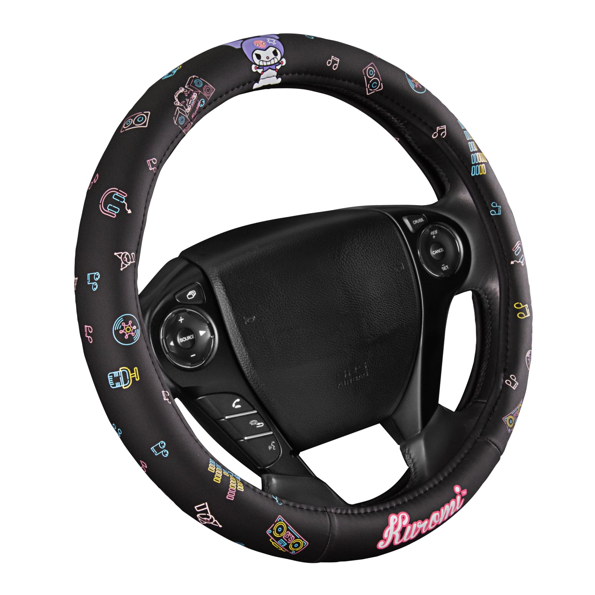 Kuromi Steering Wheel Cover, Official Sanrio Car Steering Wheel Cover with Universal Size 14.5-15.5, Cute Kawaii Black Steering Wheel Cover for Women, Kuromi Car Accessories (Kuromi Black)