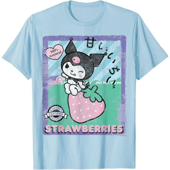 Kuromi Strawberry Picking Strawberries Farm DTG Print Unisex T-Shirt,Light Blue Color,Size YXS