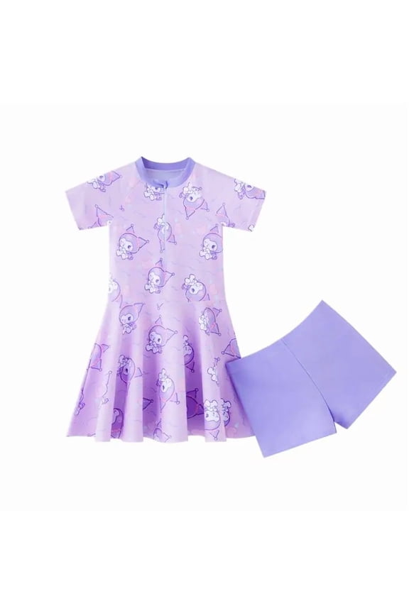 Kuromi Swimsuit Swimming Cap Set Dress Cartoon Printing Clothes Summer Skirt Swimsuit Fresh Kawaii