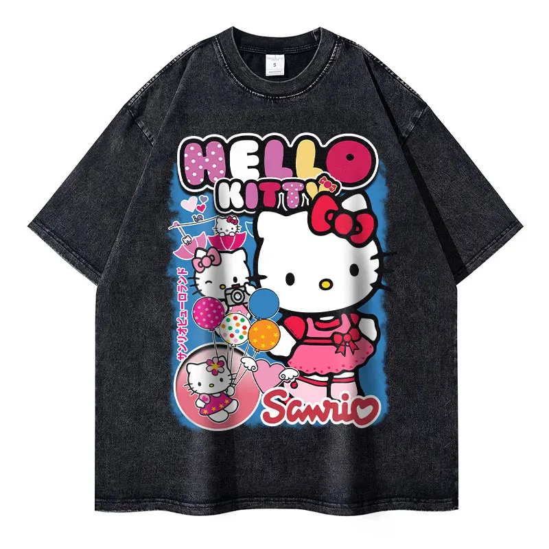 Kuromi T Shirts Vintage Washed Anime My Melody T-shirt Oversized Retro ...