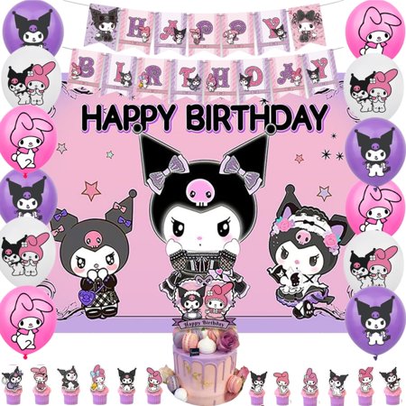Kuromi Theme Cartoon style Birthday Decoration Kits,Party Supplies Including Banner, Balloons, Cake Toppers, Cupcake Toppers,Background Flag.