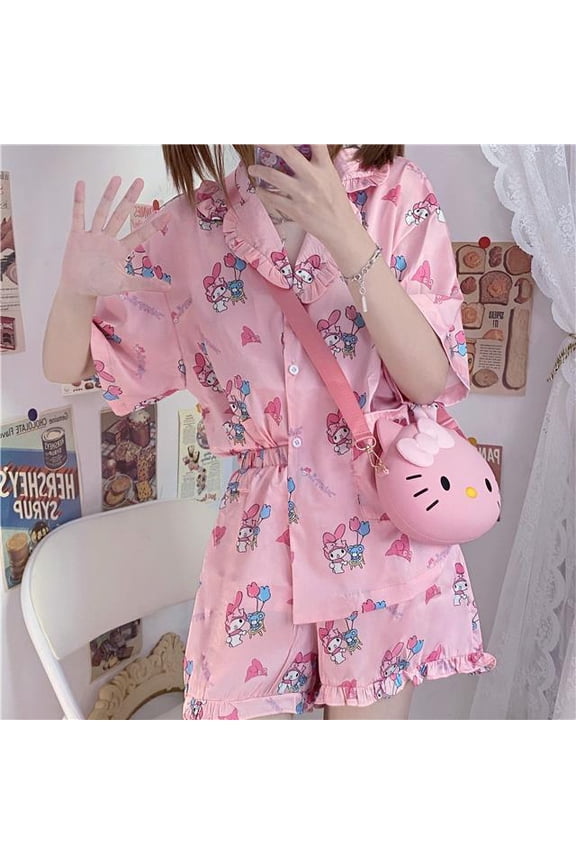 Kuromi Woman Pajamas Kawaii Summer Cartoon Short Sleeve Loose Casual Pajamas Short Sleeve Homewear