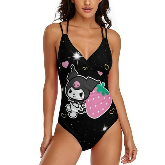Kuromi Womens One-Pieces Swimsuit Sexy CirssCross Swimwear Printing Bathing Suits S