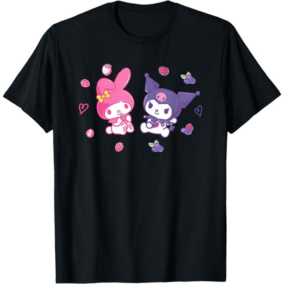 Kuromi and My Melody Berries DTG Print Unisex T-Shirt,Black Color,Size 2T