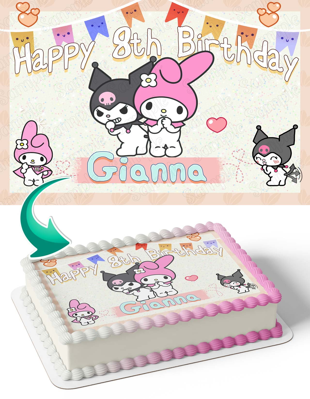 Kuromi, My Melody & Hello Kitty Edible Cake Decorations with Icing, 1/4