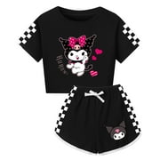 FODOGSH Kuromis Cartoon Print Girls Short Sleeve Top & Shorts Set for Ages 3-13, Cute Summer Outfit Casual Sweat Tracksuit ﻿