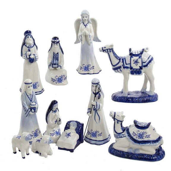 Kurt Adler 11-Piece Porcelain Delft Blue Nativity Set, 1.97"6.7" Holiday Christmas Figurines