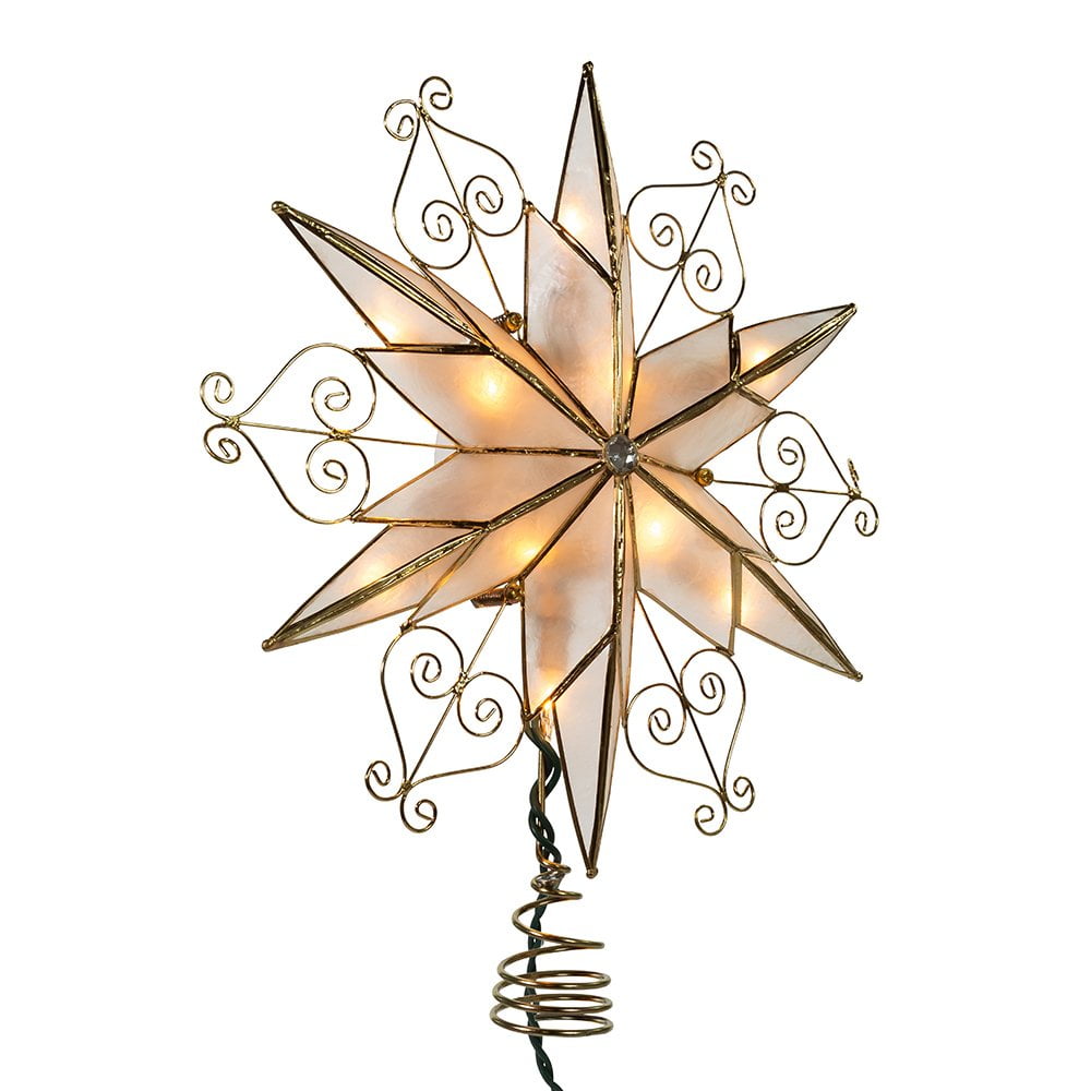 Gold and White Capiz Star Christmas Tree Topper with Scroll Design