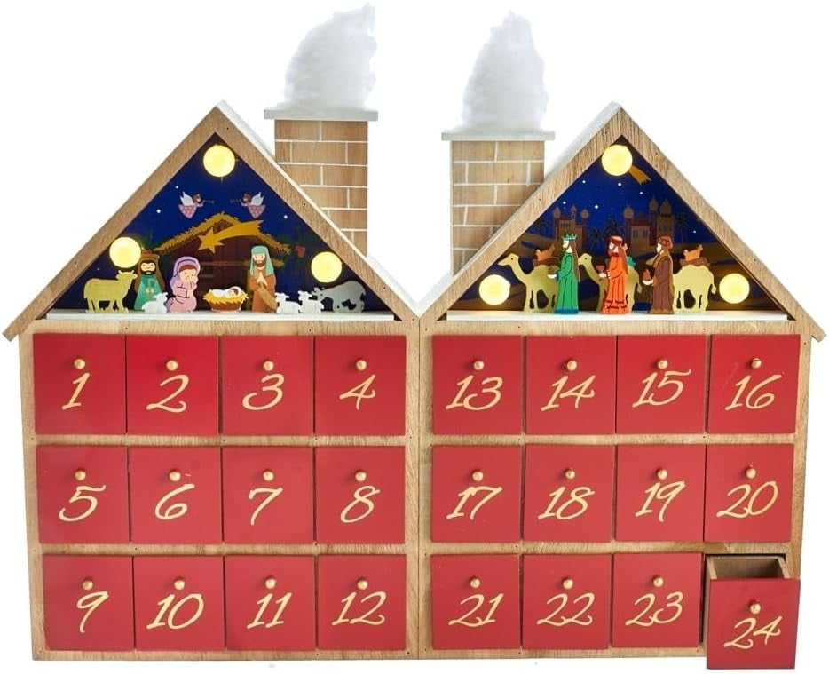 Battery-Operated Wooden LED Nativity Advent Calendar with Red Drawers