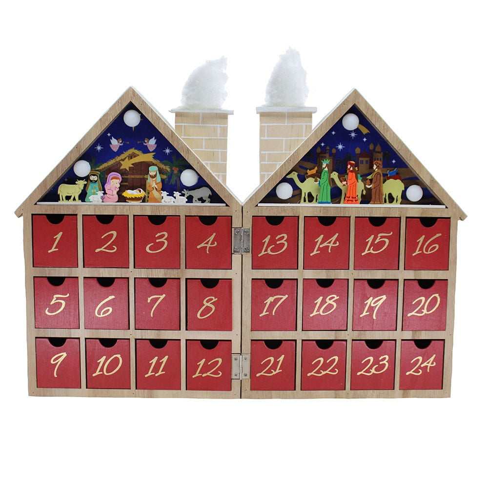 Battery-Operated Wooden LED Nativity Advent Calendar with Red Drawers