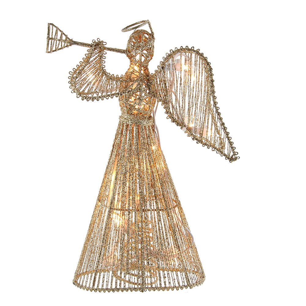 12-Inch Gold Glitter Angel Tree Topper with Lights