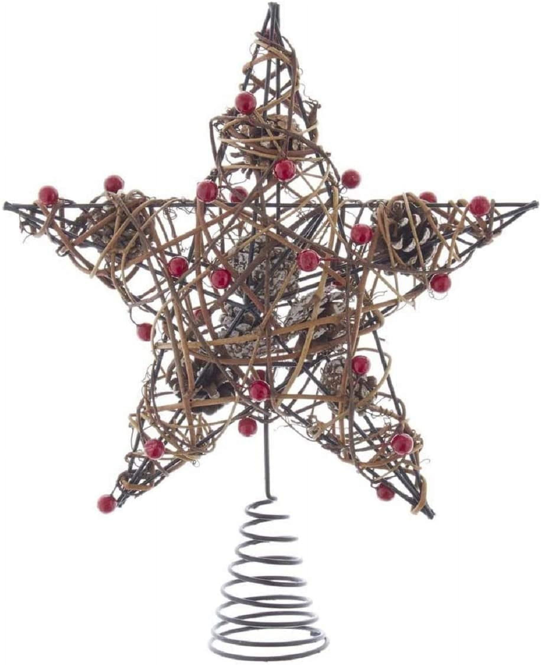 12-Inch Rustic Brown Metal Star Tree Topper with Red Berries
