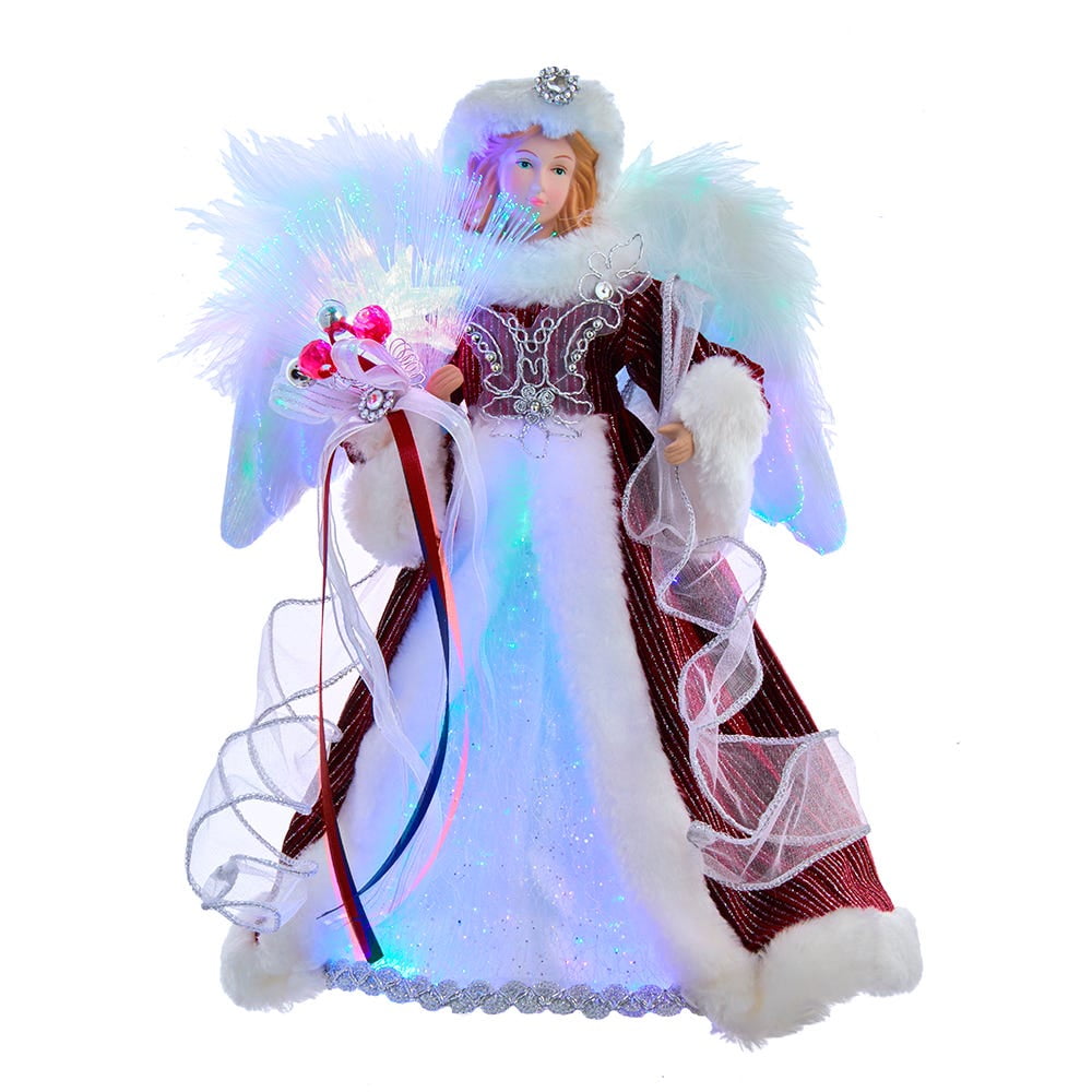 14-Inch White, Silver, and Burgundy Angel Tree Topper with LED Lights