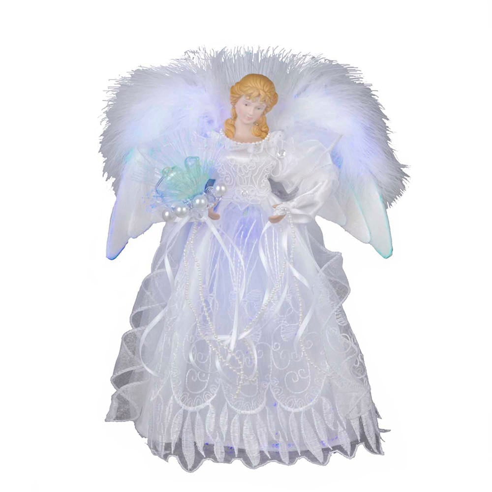 12-Inch White and Silver Fiber Optic Angel Tree Topper with Feather Wings