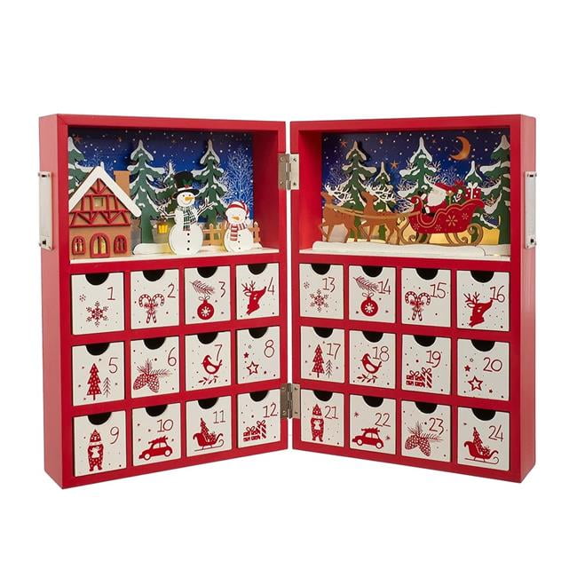 13-inch Red and White Wooden Christmas Countdown Calendar with LED Lights