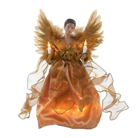 Kurt Adler 13-Inch African American Angel Tree Topper Gold Christmas Figurine with 10 LED Lights