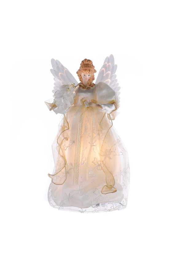Kurt Adler 14-Inch Fiber Optic Ivory and Gold Animated LED Angel Treetop