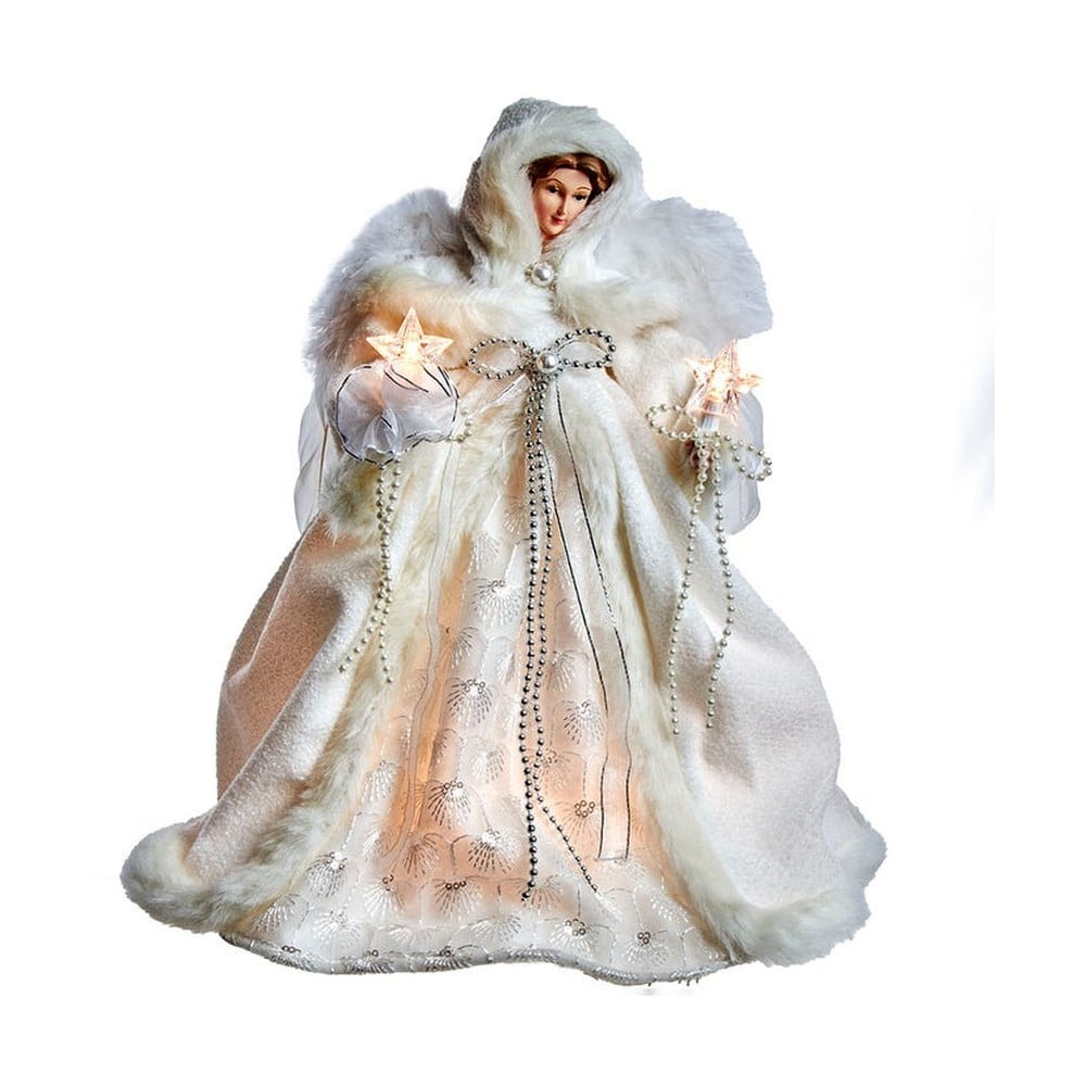 White Angel Tree Topper with Lights and Sequined Gown