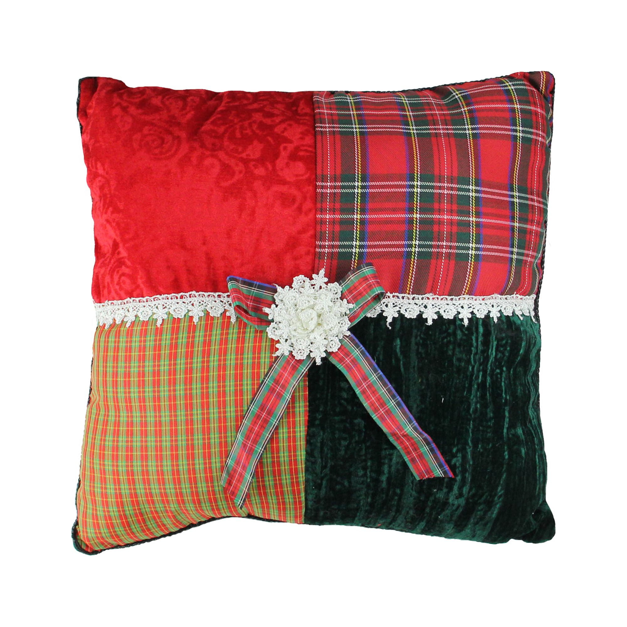 Festive Red and Green Plaid Velvet Square Christmas Pillow