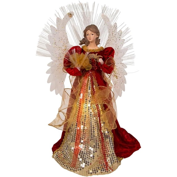 Kurt S Adler 18 Inch Angel Tree Topper Fiber Optic LED Red and Gold
