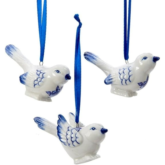 Kurt Adler 2" Porcelain Delft Blue Bird Ornaments Set Of 3 Assorted