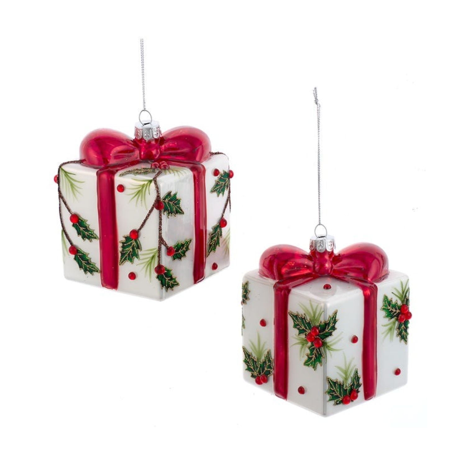 Kurt Adler 3.5" Glass Holly Present Christmas Ornaments, 2-Piece Set