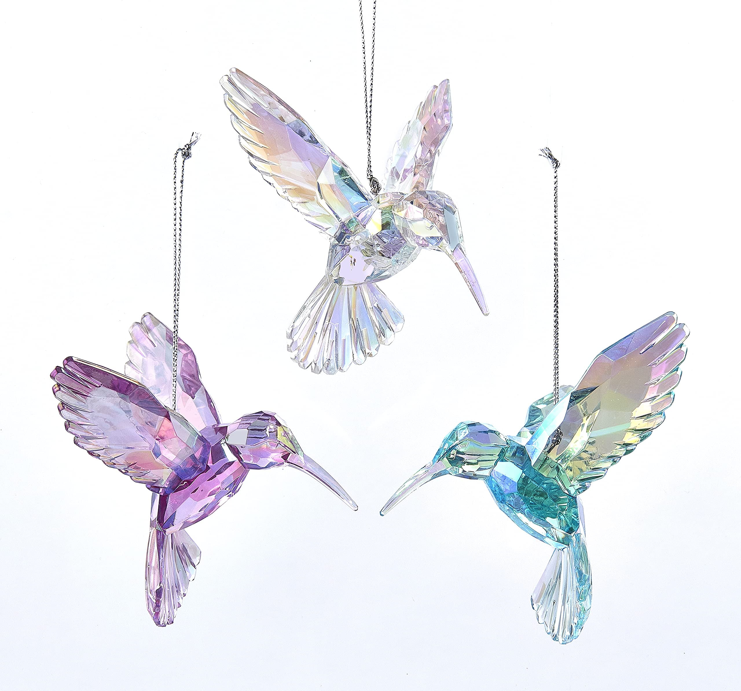 Set of 3 Iridescent Acrylic Hummingbird Ornaments in Purple, Blue, and Clear