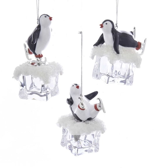 Kurt Adler 4.25-Inch White and Black Penguin on Ice Christmas Ornaments, 3 Piece Set