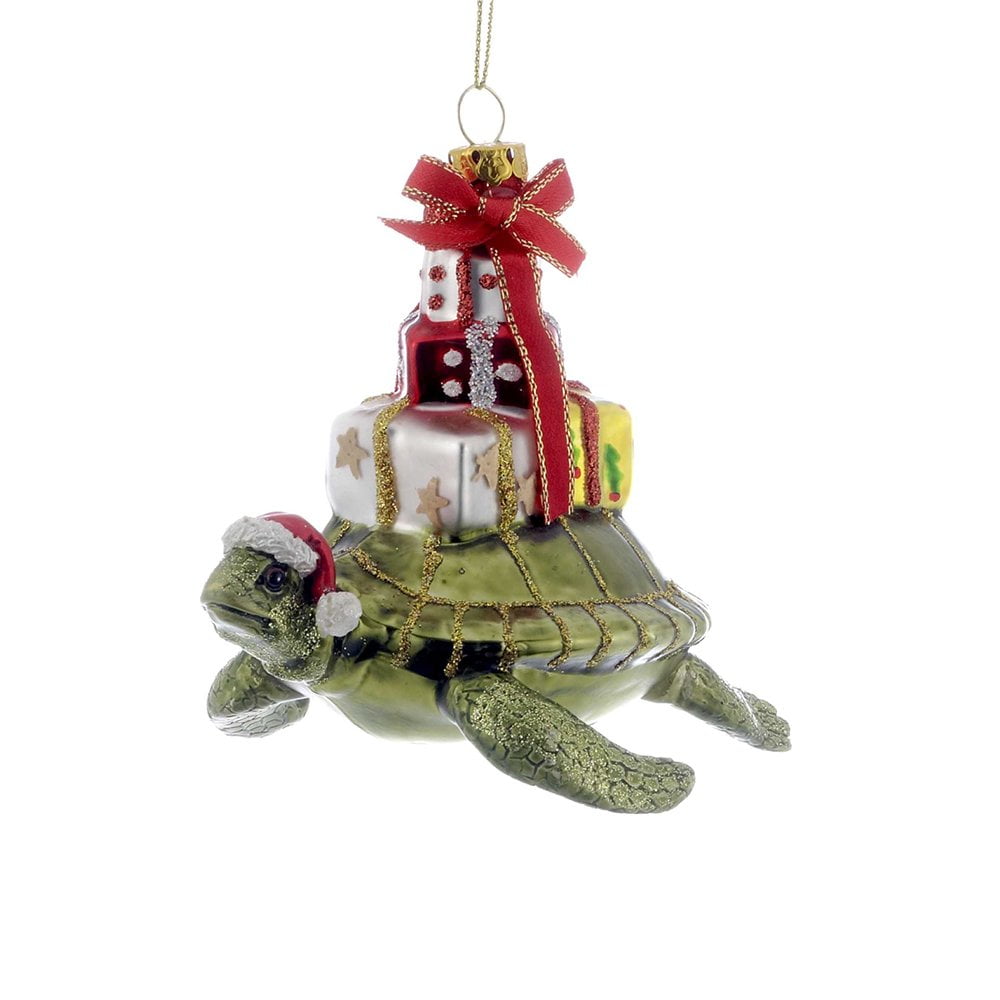 Festive Multicolored Glass Turtle Ornament with Gifts