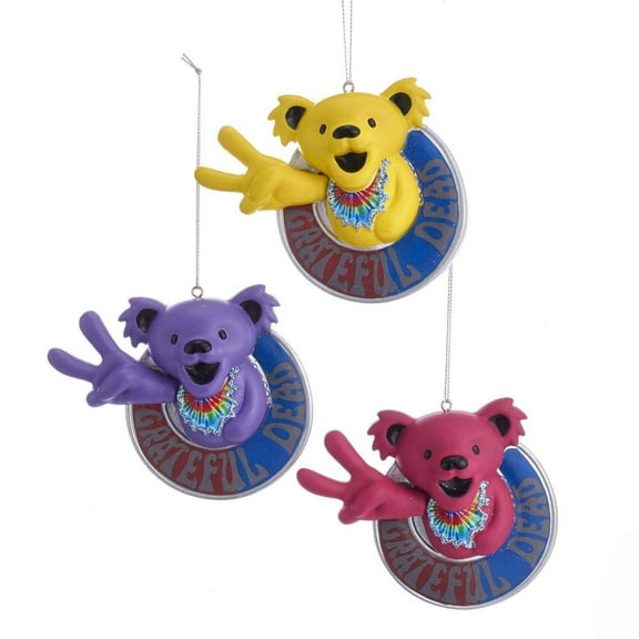 Kurt Adler 4-Inch Grateful Dead Peace Bear Christmas Ornaments, 3 Piece Set