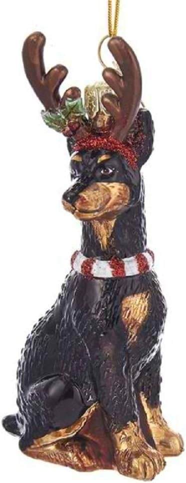 Handmade Glass Doberman with Antlers Holiday Ornament