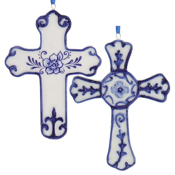 Kurt Adler 4" Porcelain Delft Blue Cross Ornament, Set of 2