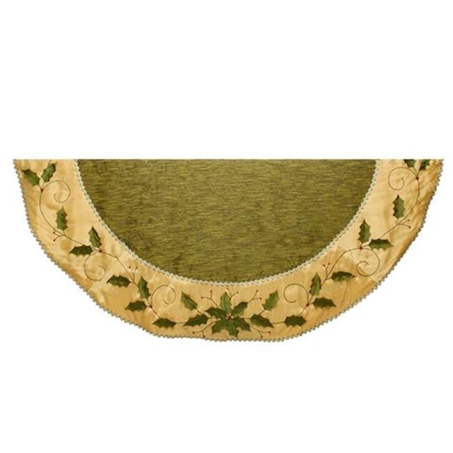 54-Inch Green and Gold Holly Leaves Embroidered Christmas Treeskirt