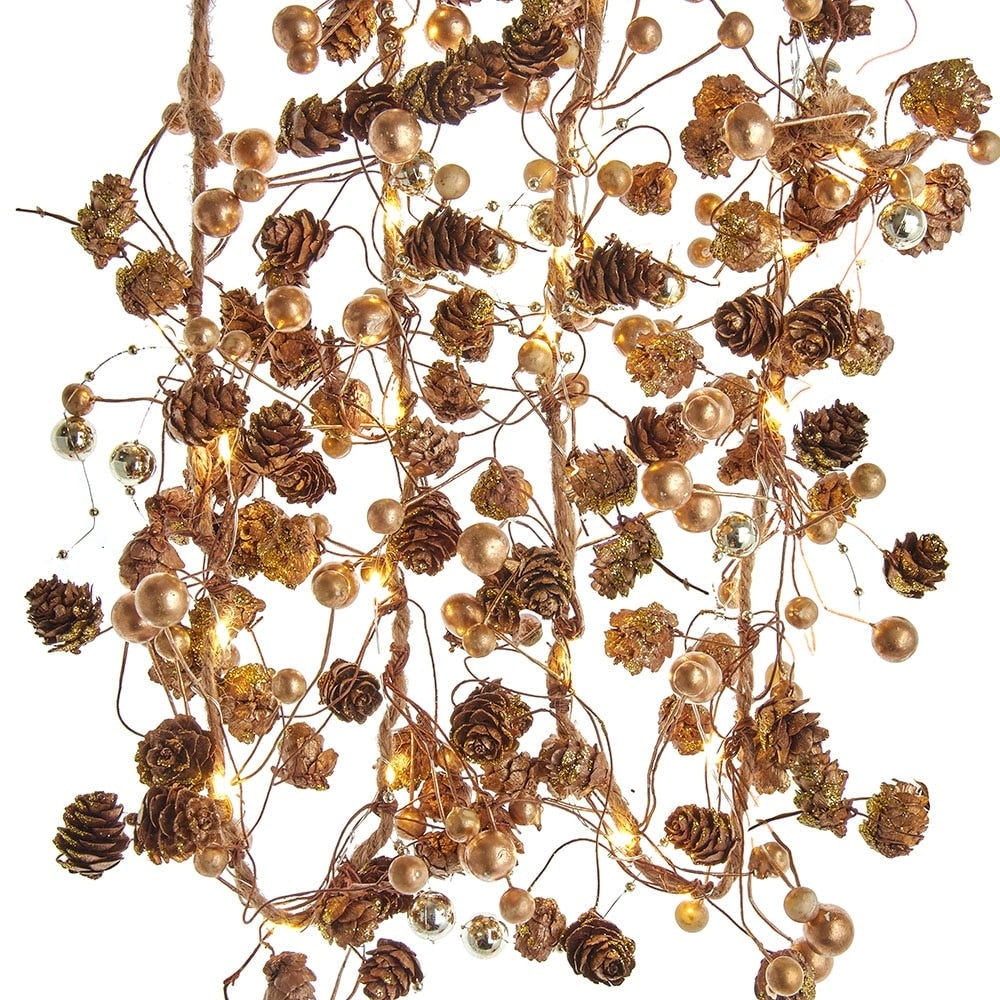 Kurt Adler 6-Foot Battery-Operated Gold Pinecone and Berry Rope Garland - N/A