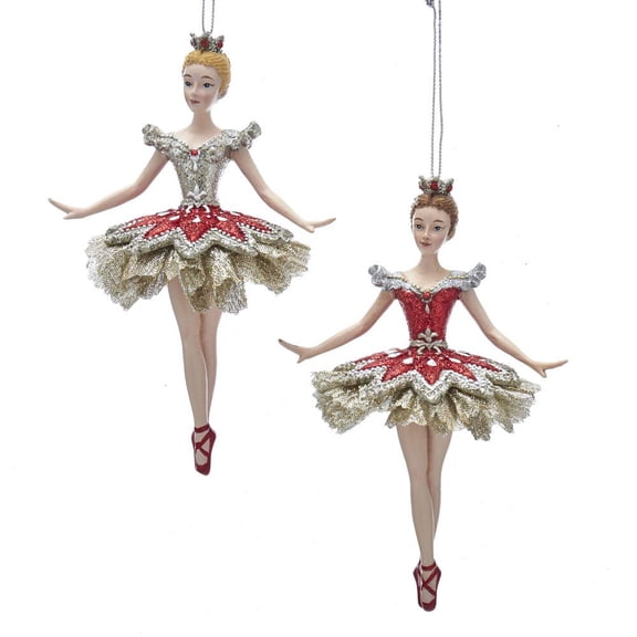 Kurt Adler 6-Inch Red and Gold Ballerina Christmas Ornaments, 2 Piece Set